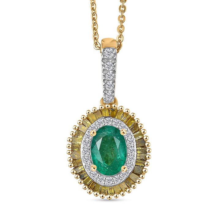 D'Joy Premium Emerald, Yellow Diamond and White Diamond Double Halo Pendant with Chain (Size 20) in 18K Vermeil Yellow Gold Plated Sterling Silver 1.23 Ct. 4417802 1