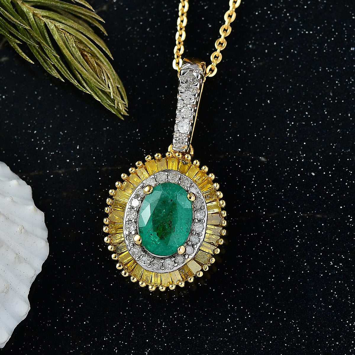 D'Joy Premium Emerald, Yellow Diamond and White Diamond Double Halo Pendant with Chain (Size 20) in 18K Vermeil Yellow Gold Plated Sterling Silver 1.23 Ct. V32566680 3