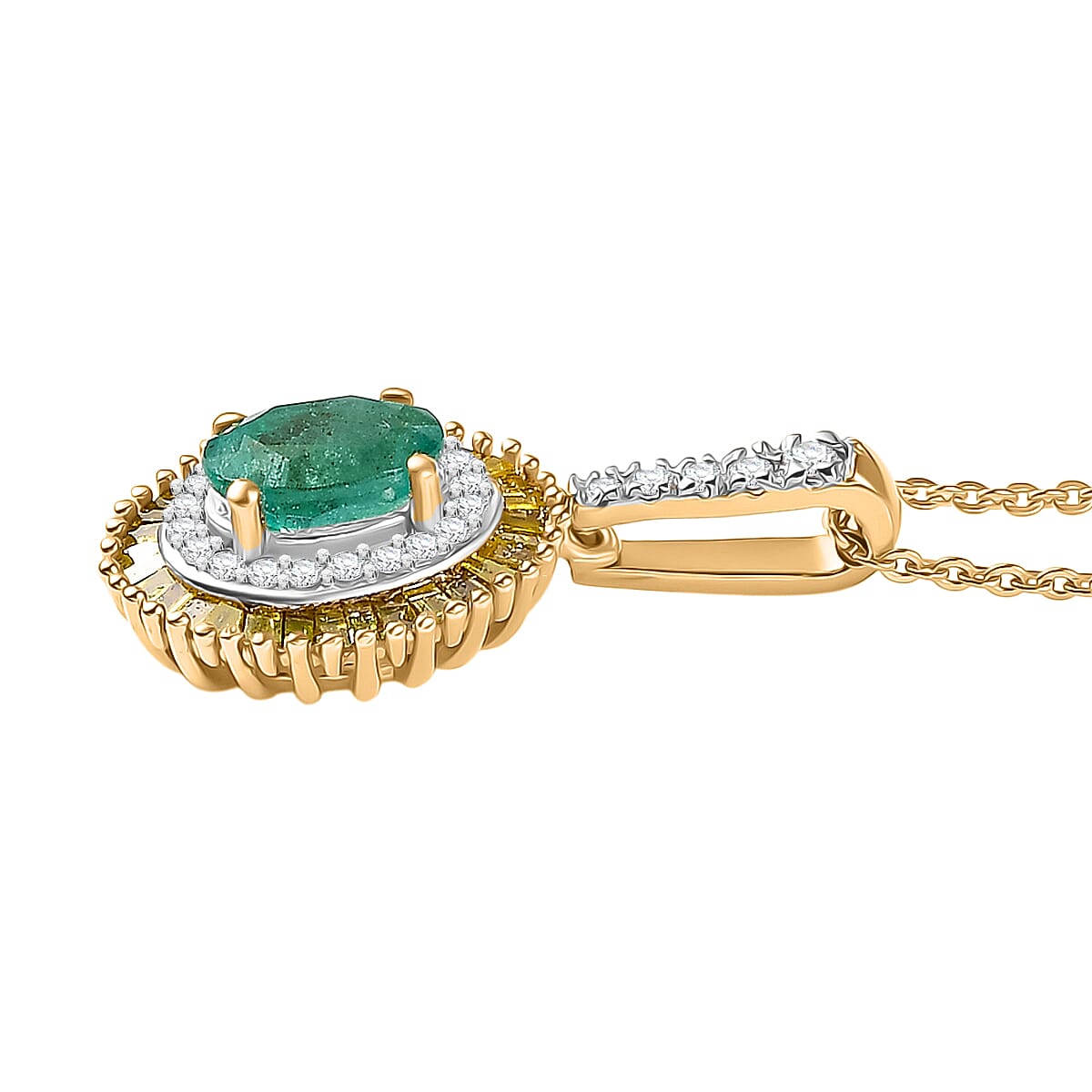 D'Joy Premium Emerald, Yellow Diamond and White Diamond Double Halo Pendant with Chain (Size 20) in 18K Vermeil Yellow Gold Plated Sterling Silver 1.23 Ct. V32566680 4