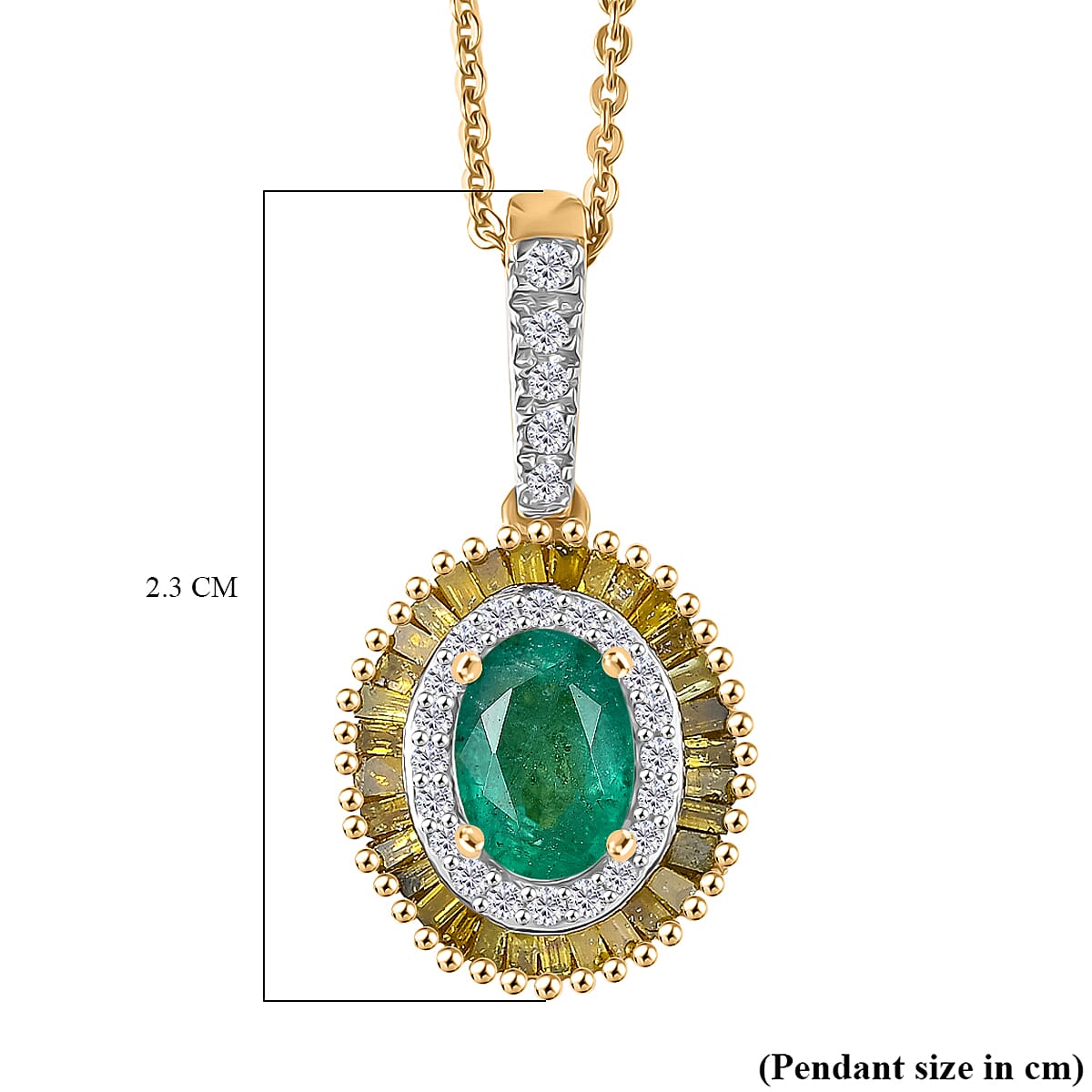 D'Joy Premium Emerald, Yellow Diamond and White Diamond Double Halo Pendant with Chain (Size 20) in 18K Vermeil Yellow Gold Plated Sterling Silver 1.23 Ct. V32566680 7