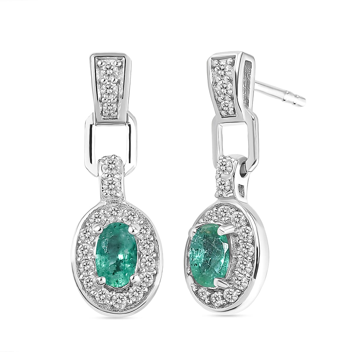 Premium Emerald and Natural Cambodian Zircon Drop Earrings in Rhodium Plated Sterling Silver 0.83 Ct. 8732384 0