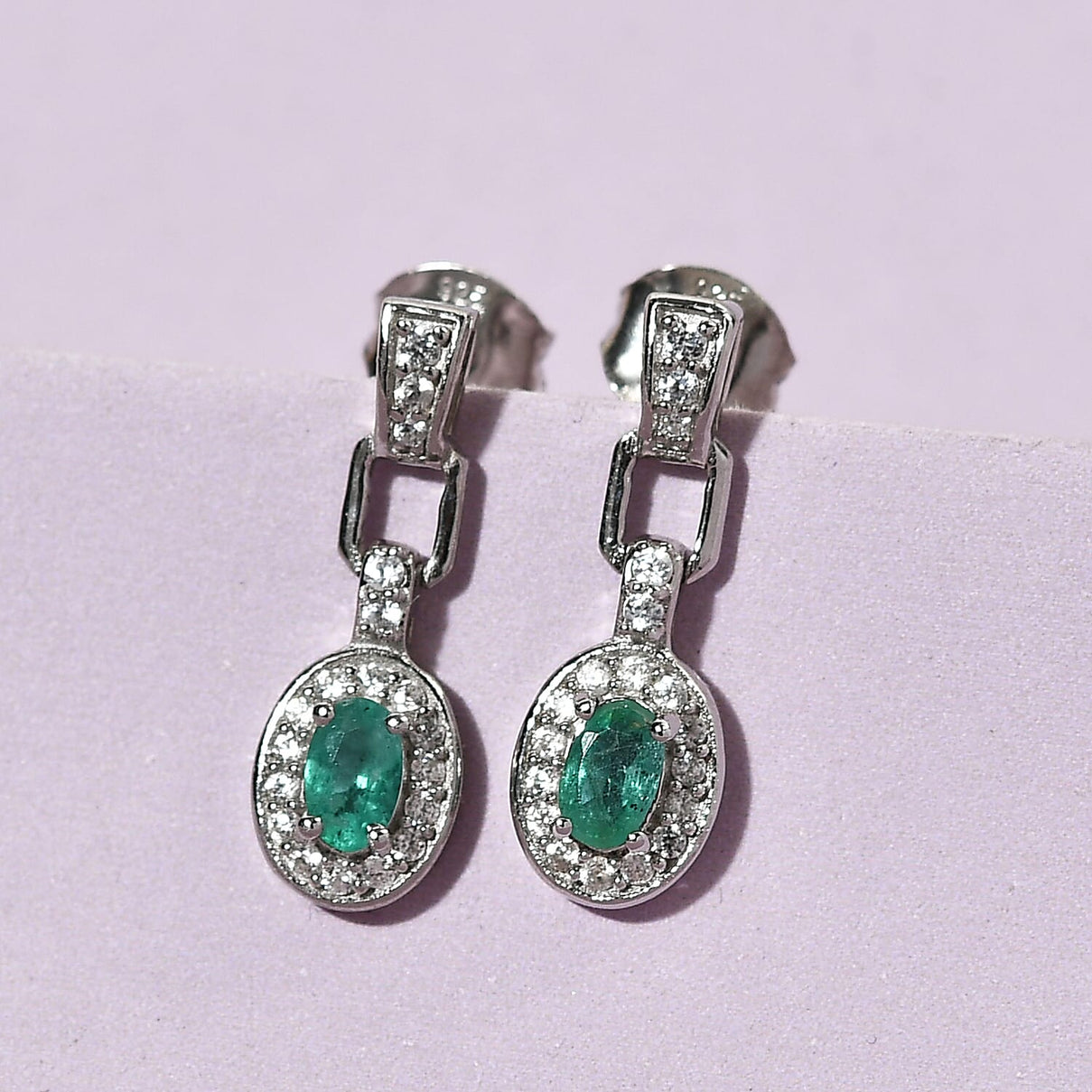 Premium Emerald and Natural Cambodian Zircon Drop Earrings in Rhodium Plated Sterling Silver 0.83 Ct. 8732384 2