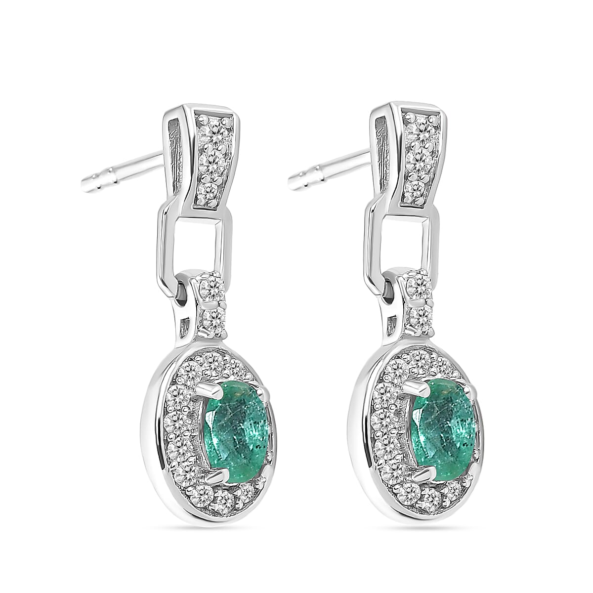Premium Emerald and Natural Cambodian Zircon Drop Earrings in Rhodium Plated Sterling Silver 0.83 Ct. 8732384 4