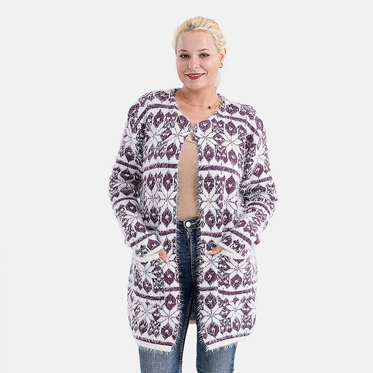 Tamsy Eyelash Coatigan with Pockets (Fit 8 to 20) - Purple and White 8199604 0