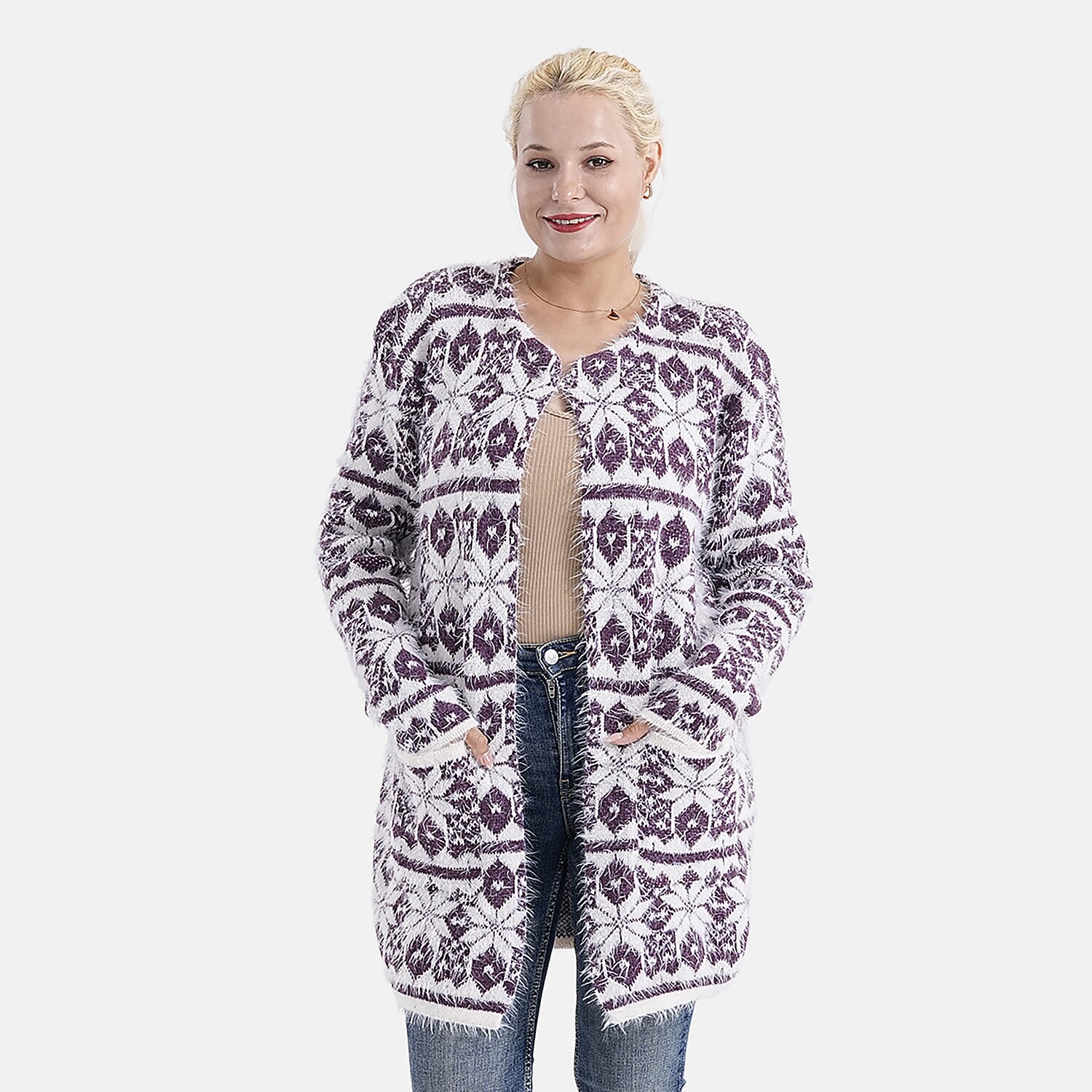Tamsy Eyelash Coatigan with Pockets (Fit 8 to 20) - Purple and White 8199604 0