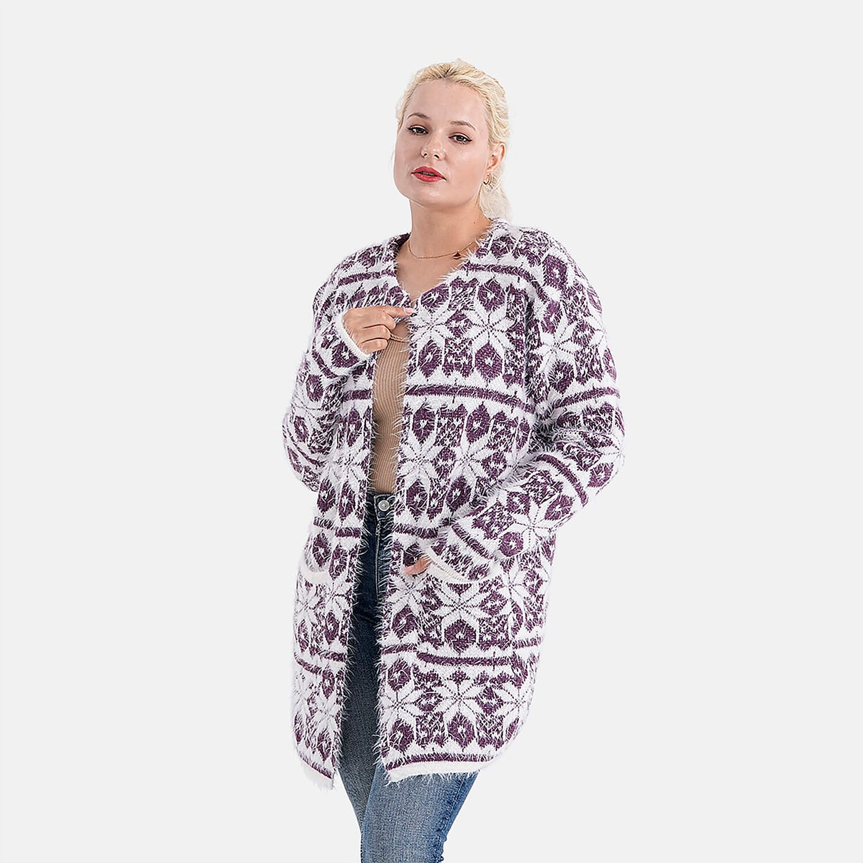 Tamsy Eyelash Coatigan with Pockets (Fit 8 to 20) - Purple and White 8199604 4