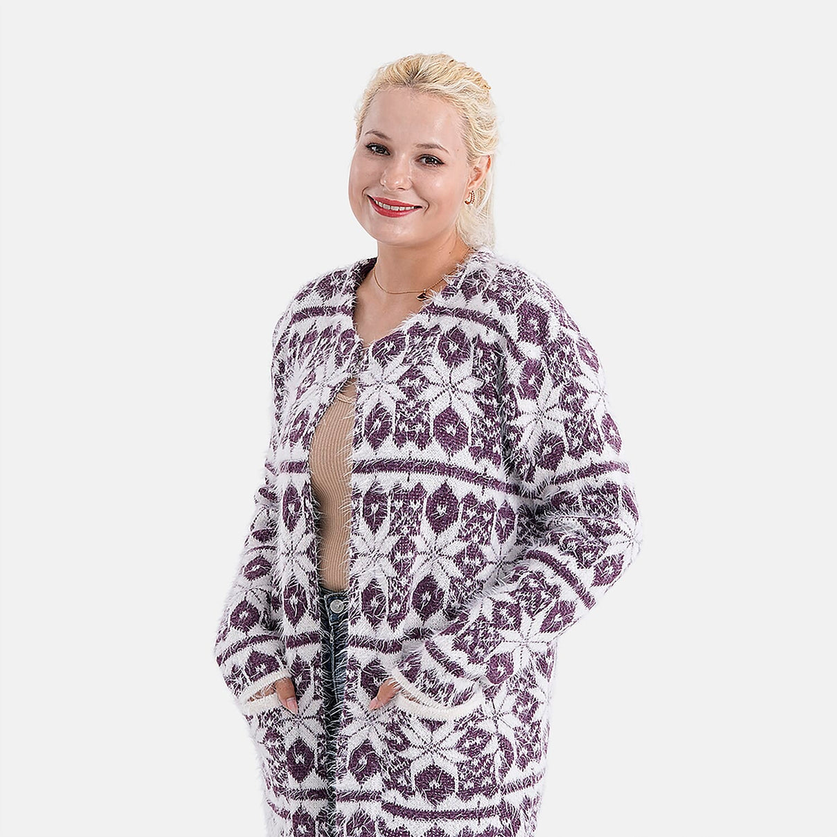Tamsy Eyelash Coatigan with Pockets (Fit 8 to 20) - Purple and White 8199604 5