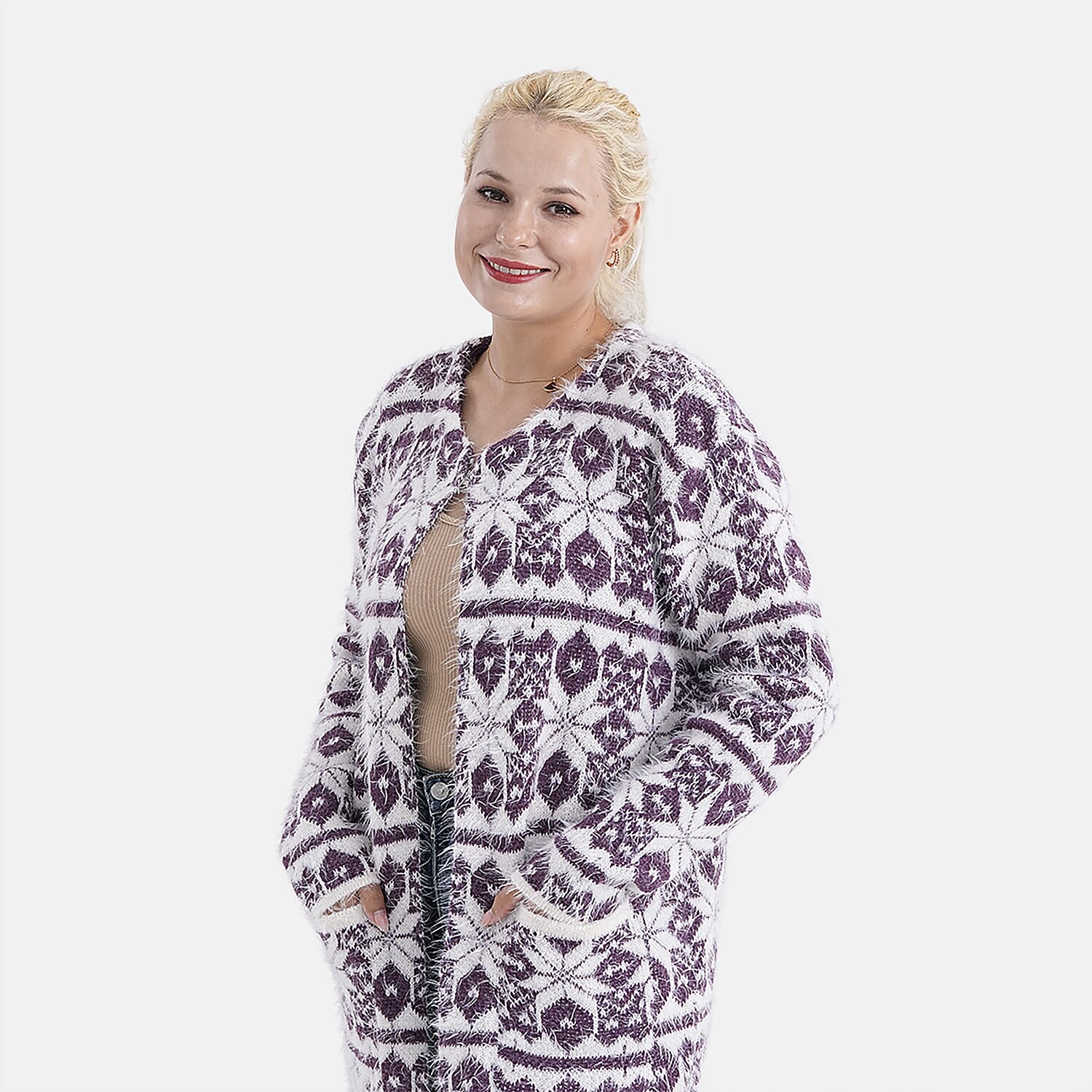 Tamsy Eyelash Coatigan with Pockets (Fit 8 to 20) - Purple and White 8199604 5