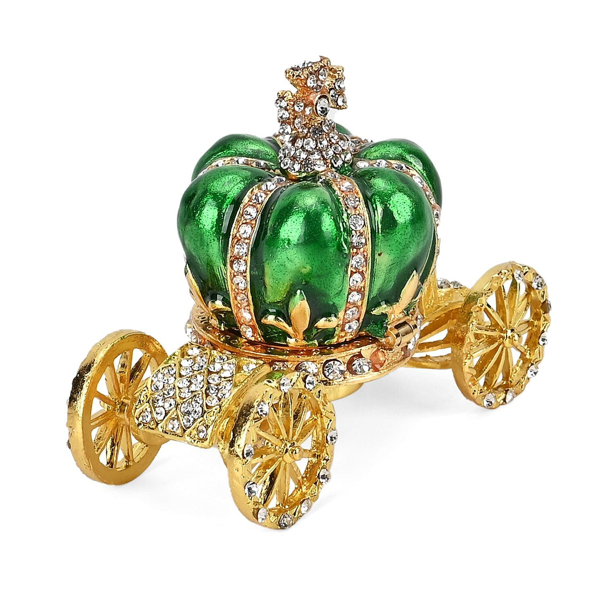 Pumpkin Cart Hand Painted Trinket Storage Box Enamelled With Sparkling Crystals - Green &amp; Gold 7628990 0