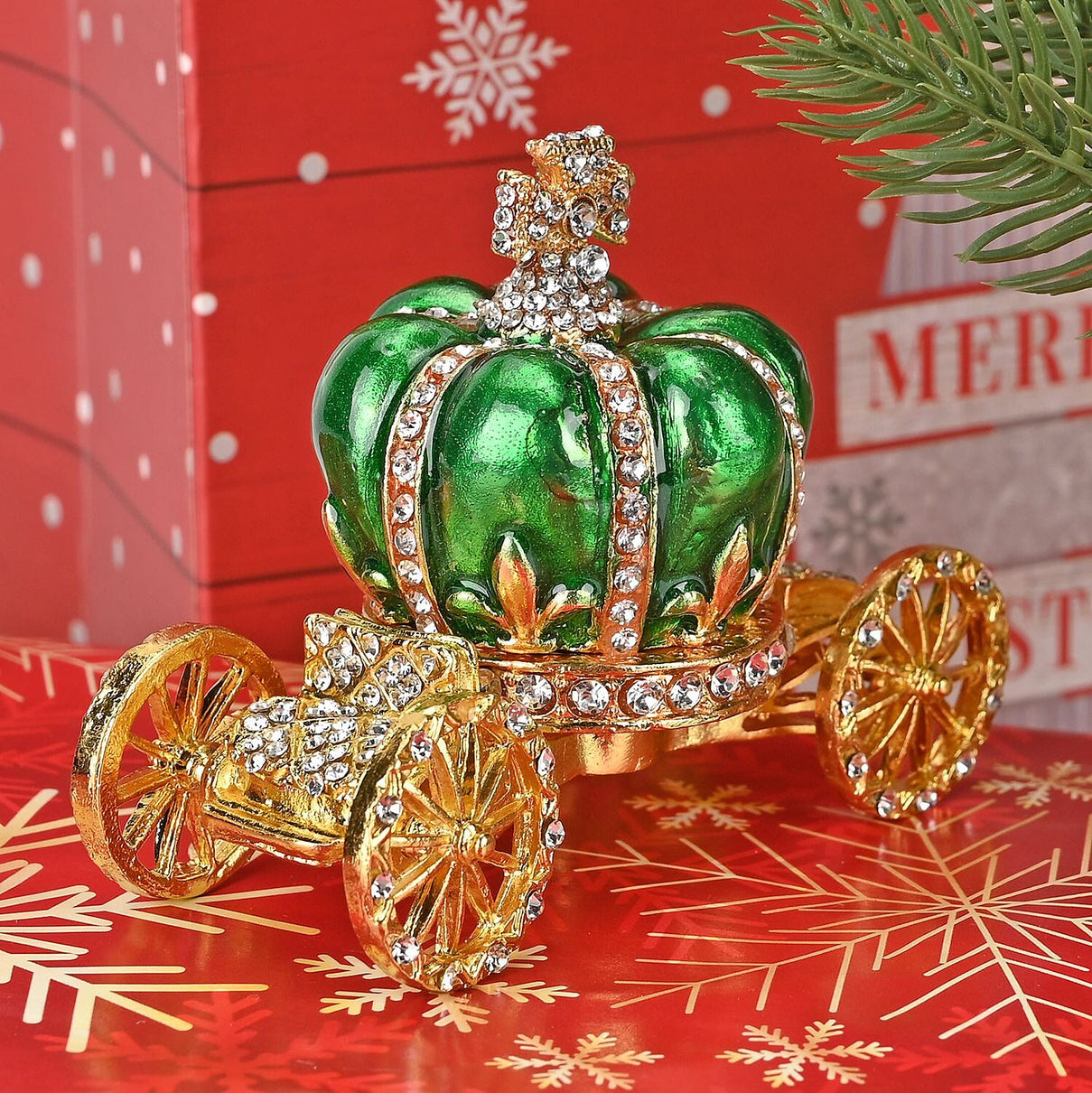 Pumpkin Cart Hand Painted Trinket Storage Box Enamelled With Sparkling Crystals - Green &amp; Gold 7628990 1