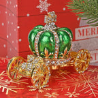 Pumpkin Cart Hand Painted Trinket Storage Box Enamelled With Sparkling Crystals - Green & Gold