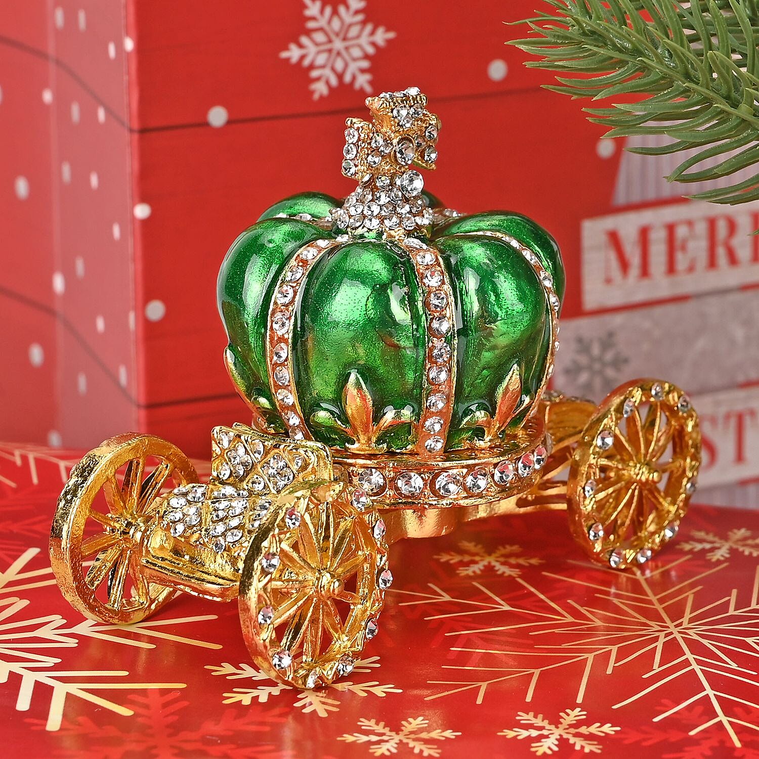 Pumpkin Cart Hand Painted Trinket Storage Box Enamelled With Sparkling Crystals - Green &amp; Gold 7628990 1