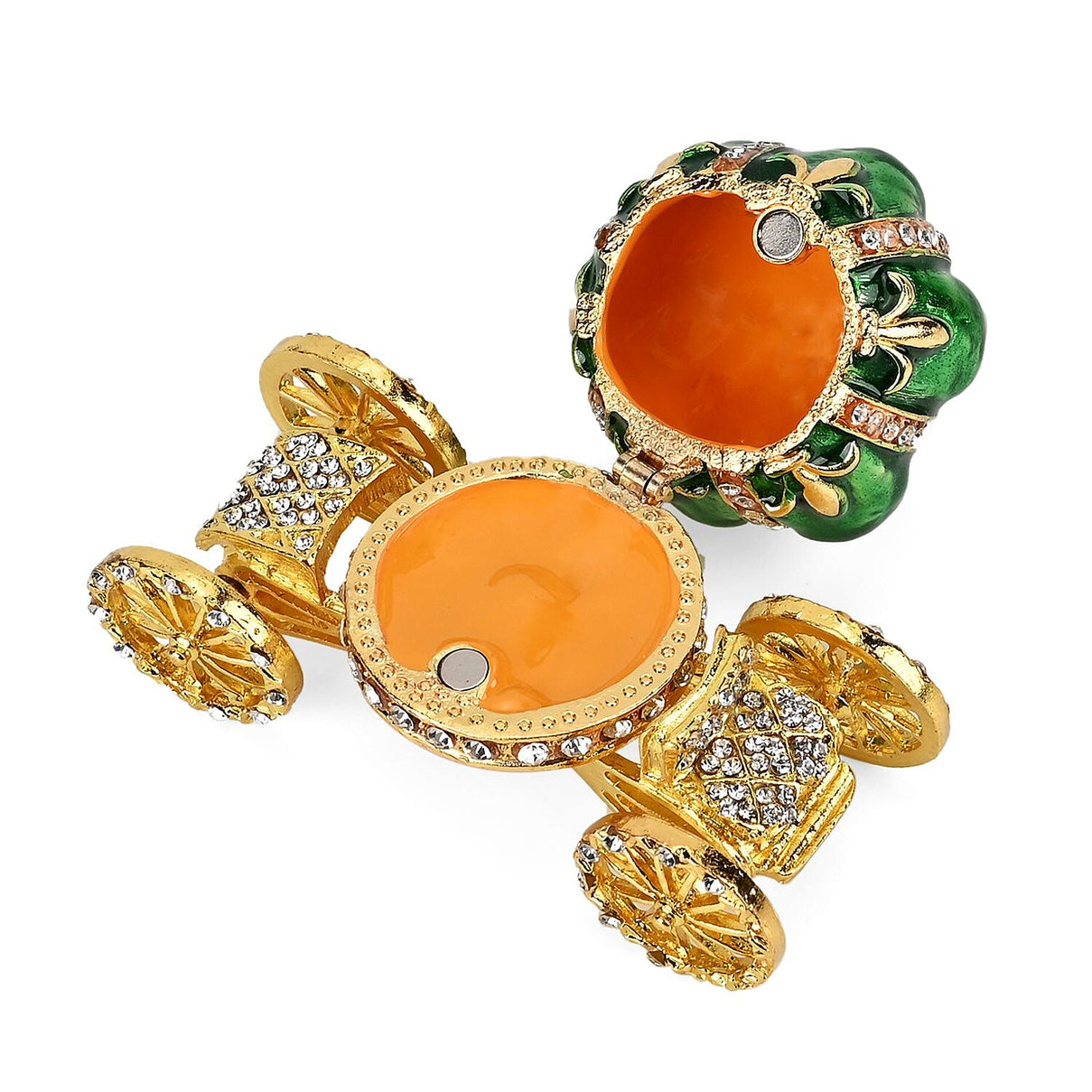 Pumpkin Cart Hand Painted Trinket Storage Box Enamelled With Sparkling Crystals - Green &amp; Gold 7628990 3