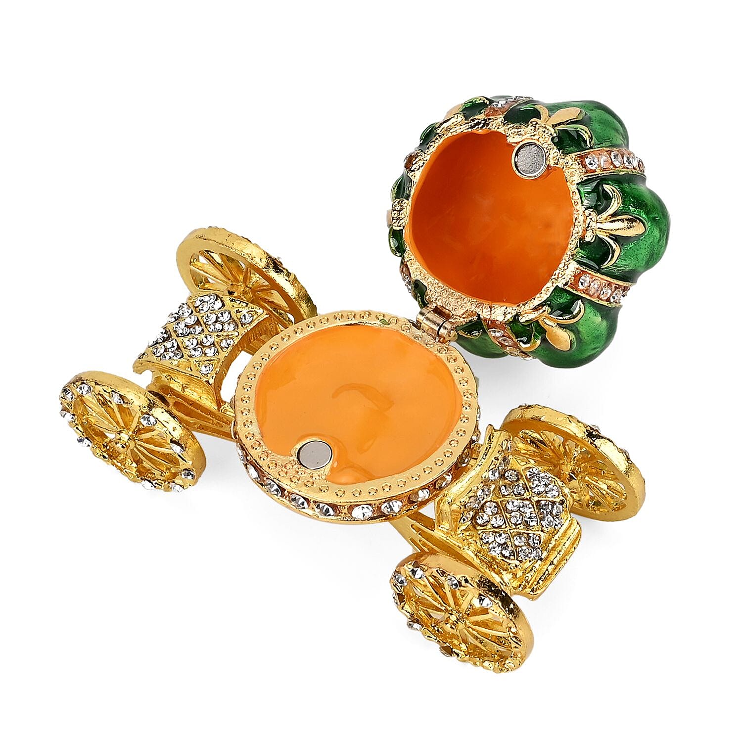 Pumpkin Cart Hand Painted Trinket Storage Box Enamelled With Sparkling Crystals - Green &amp; Gold 7628990 3