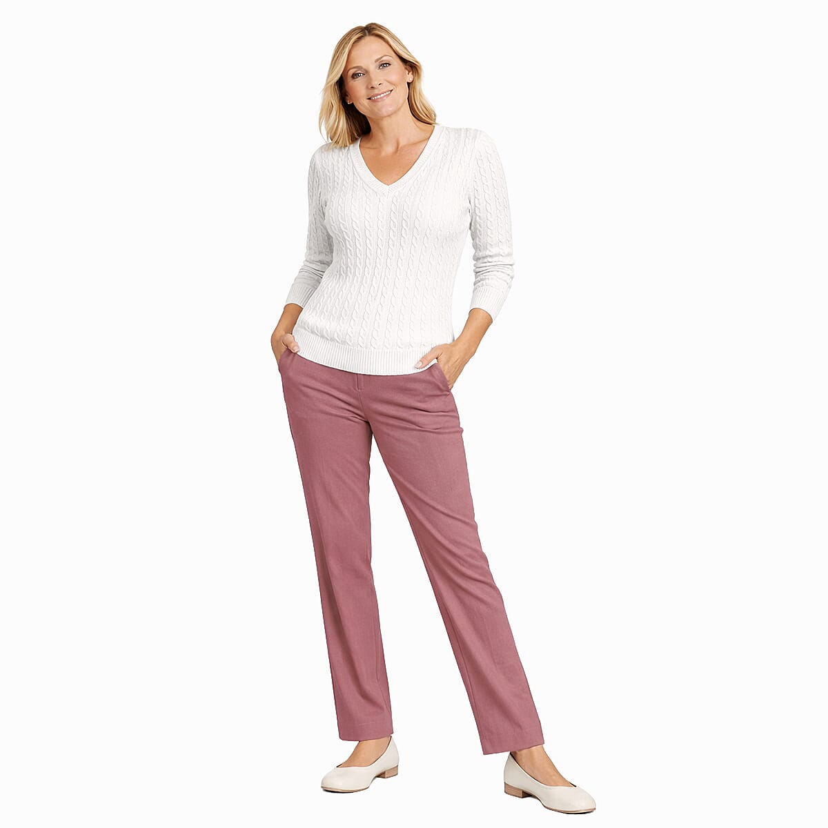 Pure And Natural V-Neck Cable Jumper (Size 20 to 22) - White 8521553 0