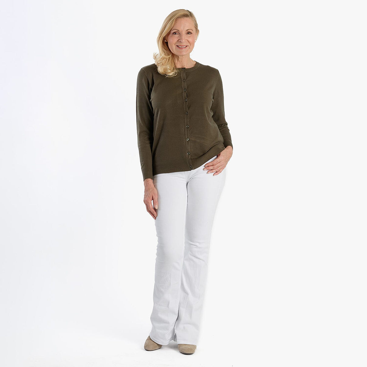 Pure And Natural Crew Neck Cardigan (Size 10) - Olive 8250293 1