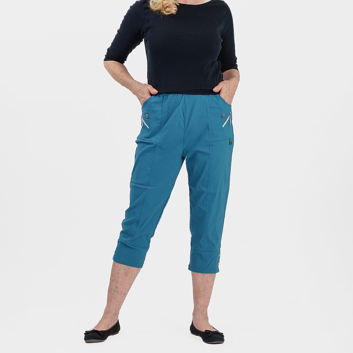 Pure and Natural Elasticated Waist Cropped Stretched Trousers with 20Inch Inseam (Size 12) - Teal V32678405 0