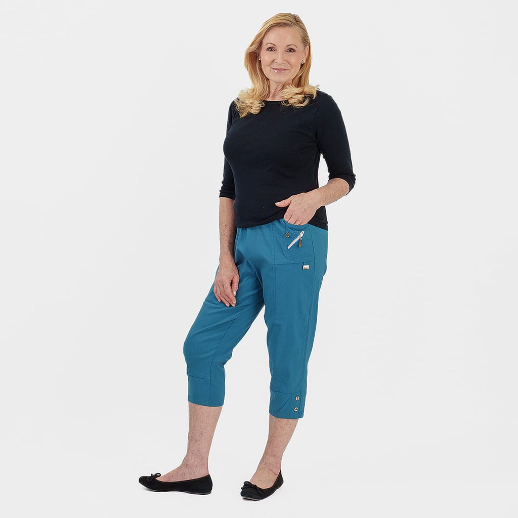 Pure and Natural Elasticated Waist Cropped Stretched Trousers with 20Inch Inseam (Size 12) - Teal