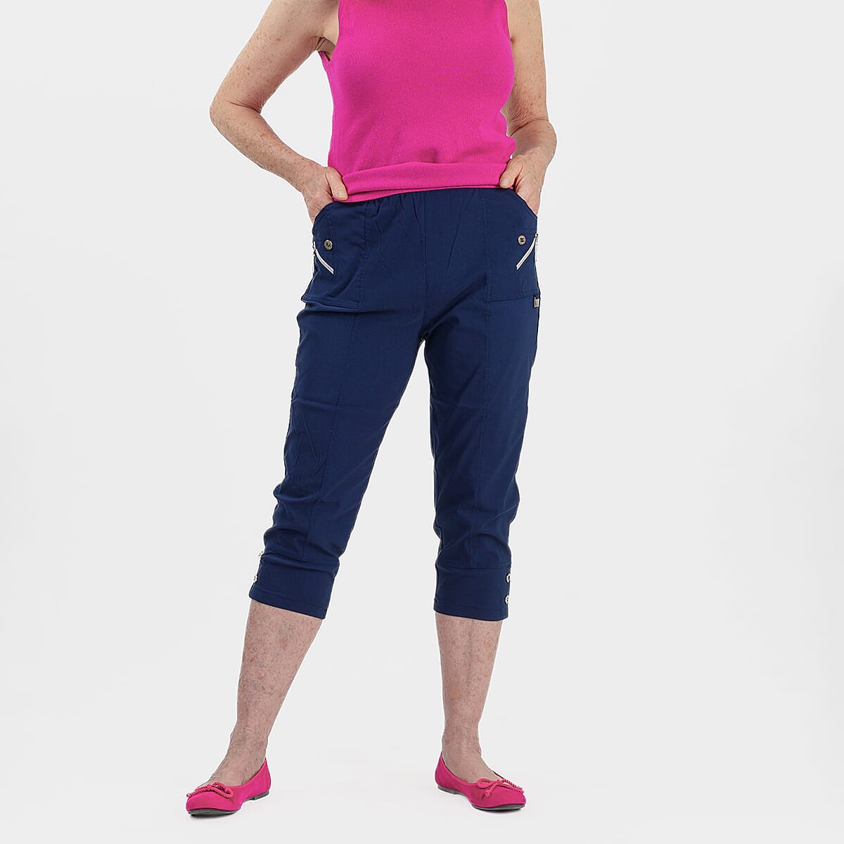 Pure and Natural Elasticated Waist Cropped Stretched Trousers with 20Inch Inseam (Size 18) - Navy V32540302 0
