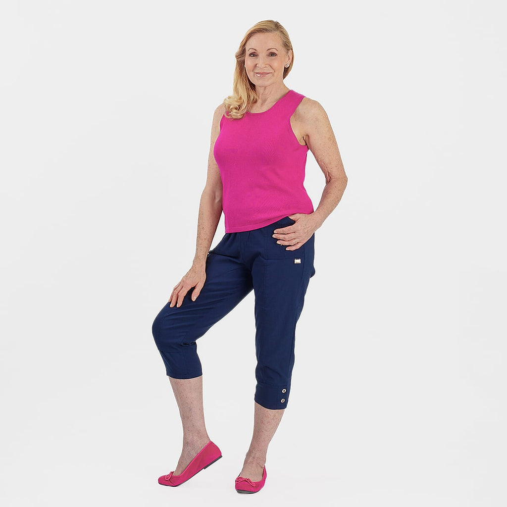 Pure and Natural Elasticated Waist Cropped Stretched Trousers with 20Inch Inseam (Size 18) - Navy