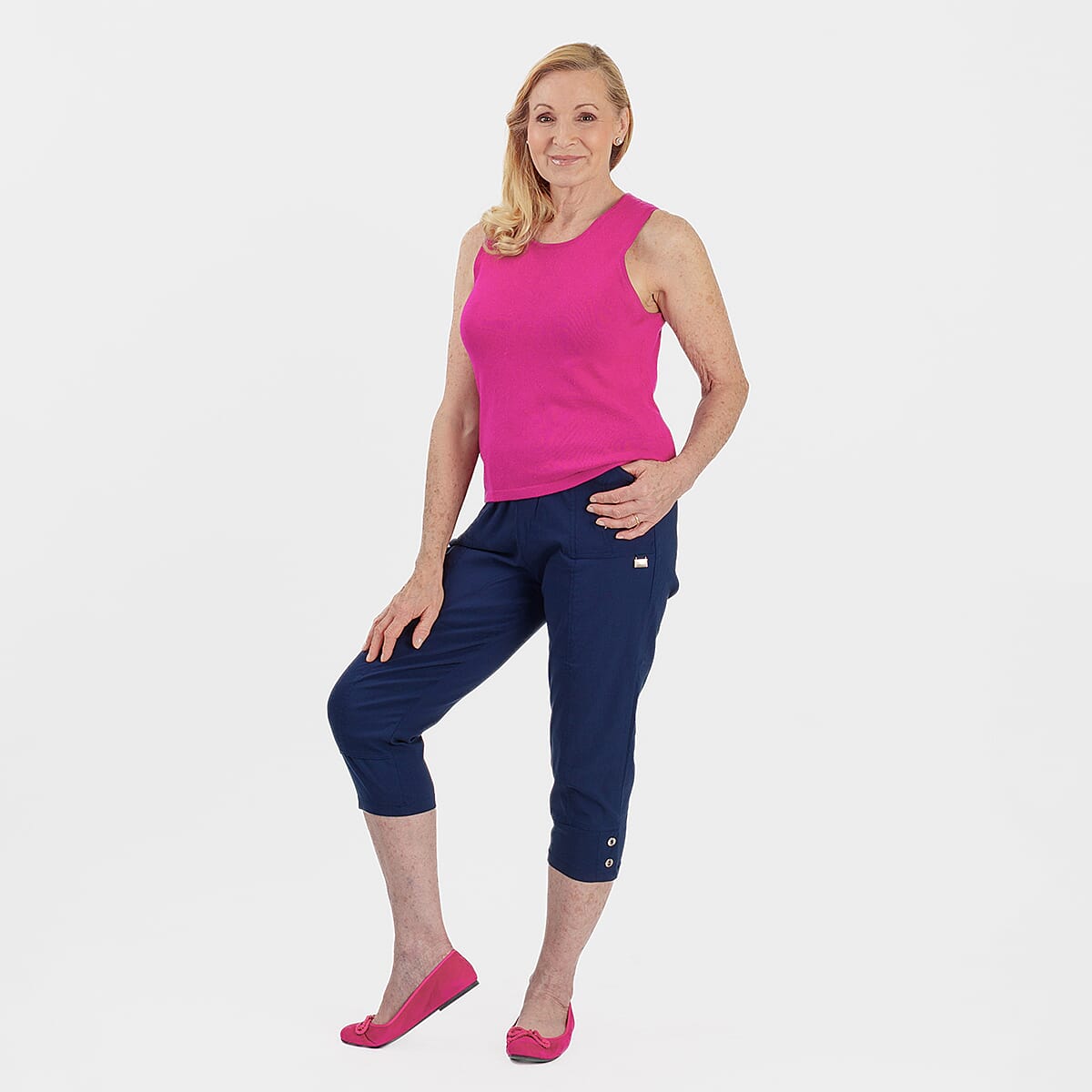 Pure and Natural Elasticated Waist Cropped Stretched Trousers with 20Inch Inseam (Size 18) - Navy V32540302 1