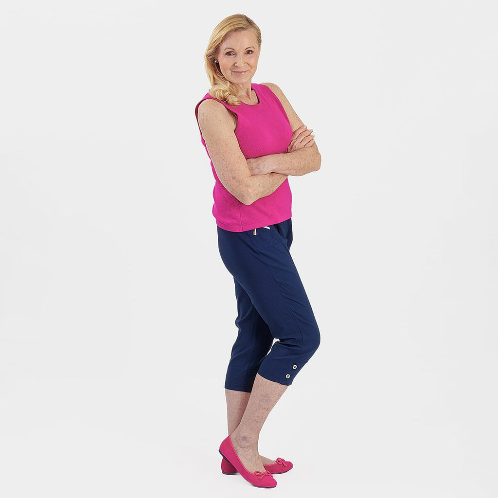 Pure and Natural Elasticated Waist Cropped Stretched Trousers with 20Inch Inseam (Size 18) - Navy