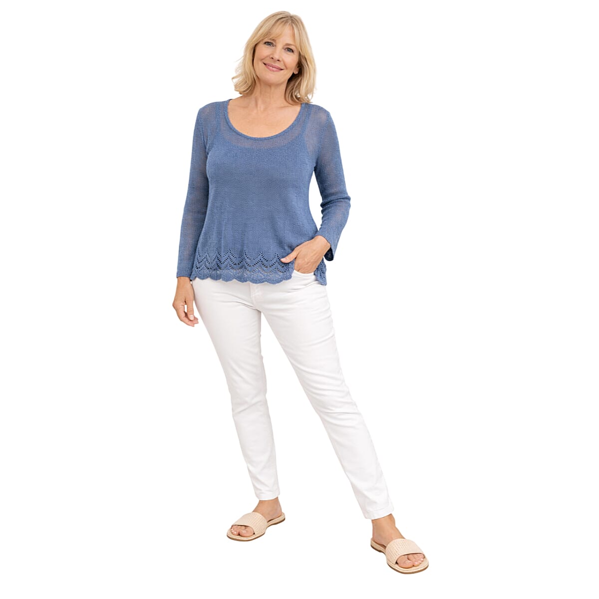 Pure And Nature Crochet Detail Scoop Neck Jumper (Size L, 16 to 18) - Denim V32516682 0