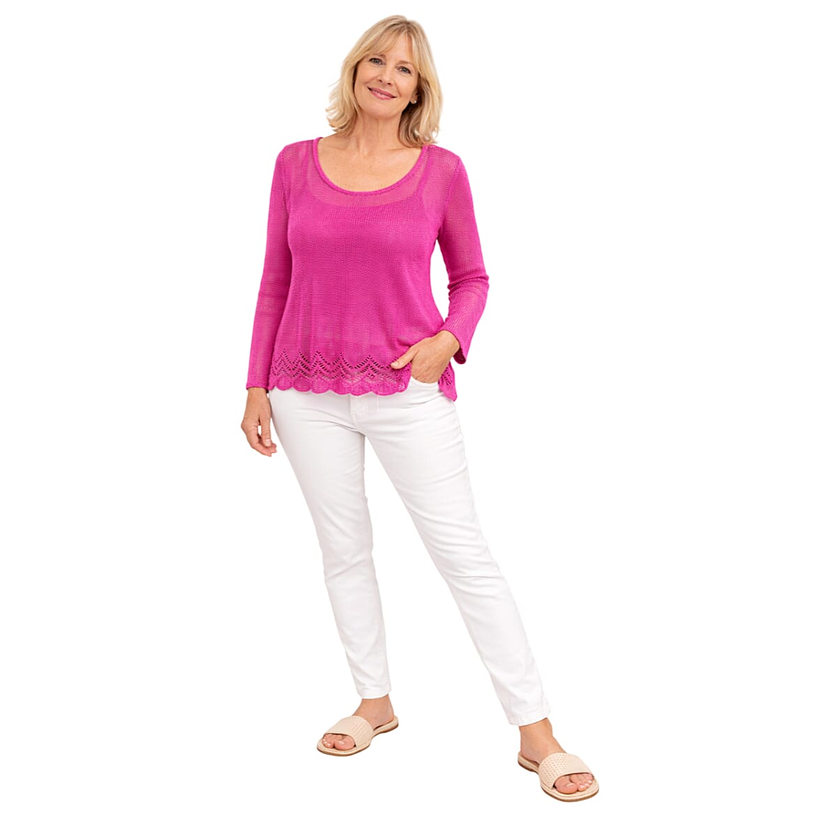 Pure And Nature Crochet Detail Scoop Neck Jumper (Size L, 16 to 18) - Cerise Pink 8221603 0