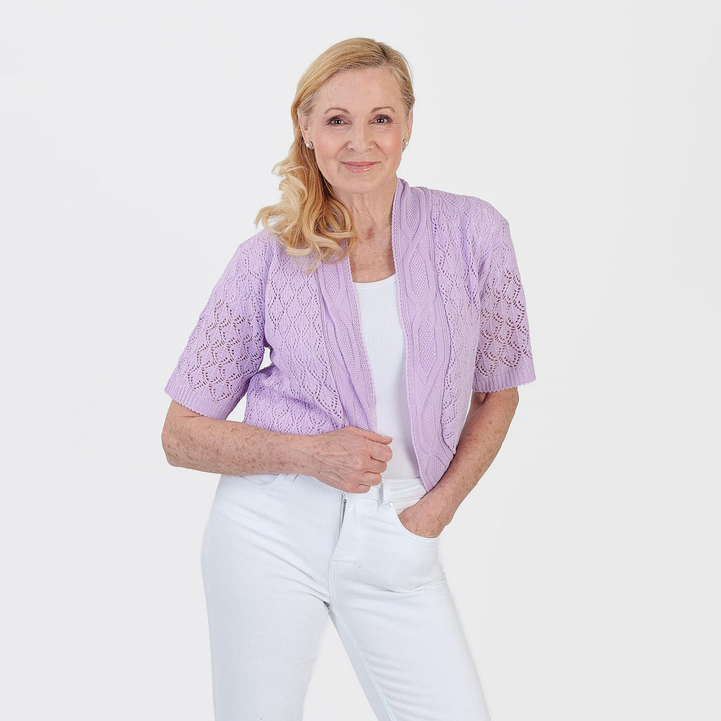 Pure And Natural Made In Uk Edge To Edge Pointelle Knit Cardigan (Size S-M, 8 to 14) - Pale Lilac