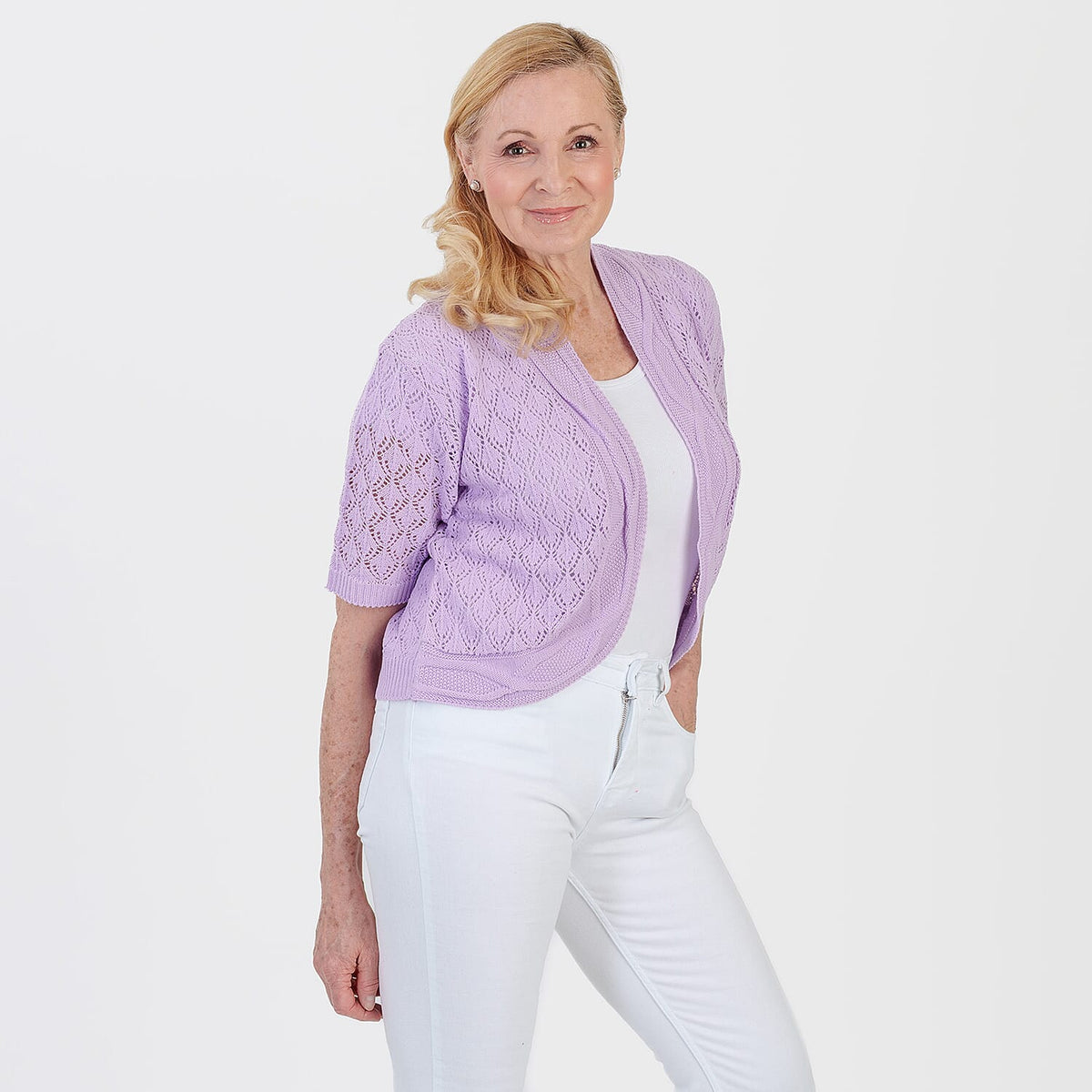 Pure And Natural Made In Uk Edge To Edge Pointelle Knit Cardigan (Size S/M, 8 to 14) - Pale Lilac V32594542 1