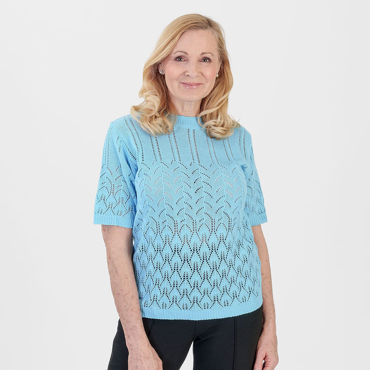 Pure And Natural Made In Uk Eyelet Knit Crew Neck Jumper (Size L/XL, 16 to 22) - Sky Blue 8547985 0
