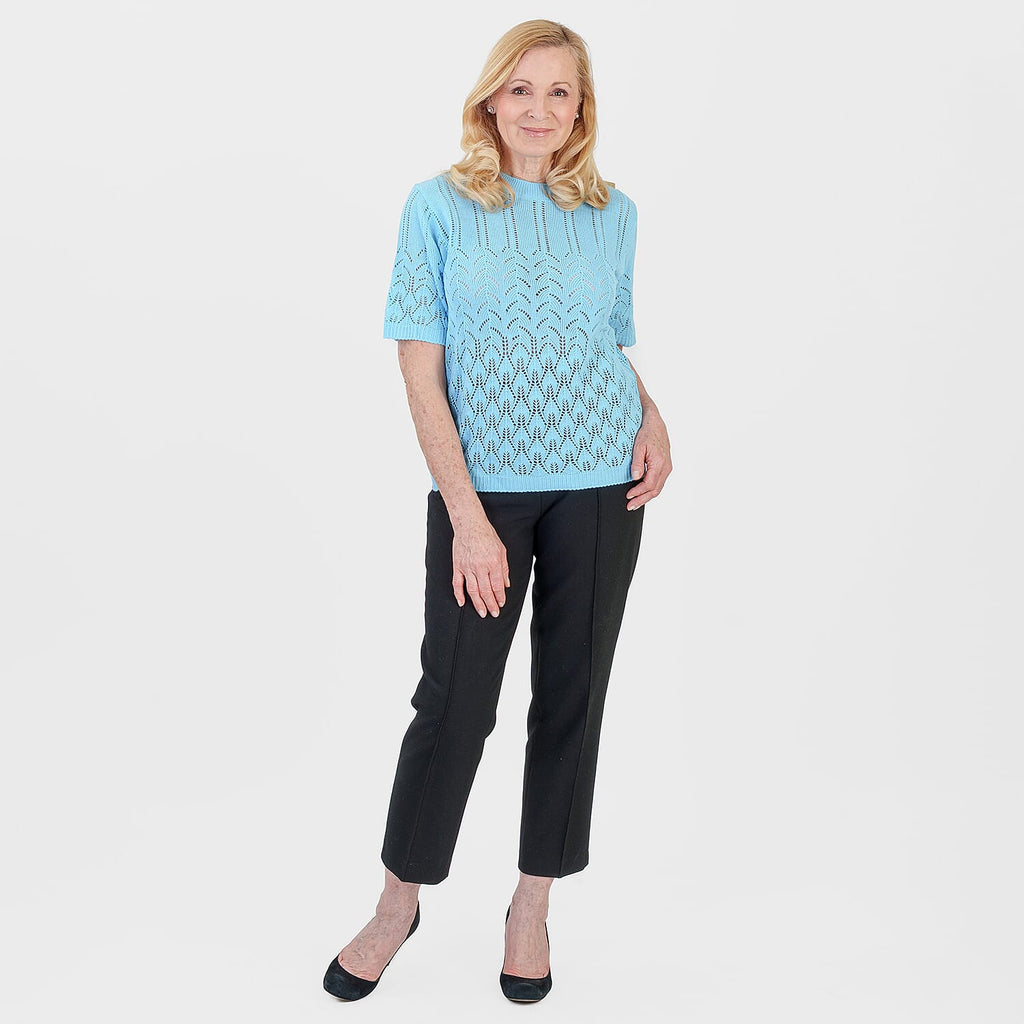 Pure And Natural Made In Uk Eyelet Knit Crew Neck Jumper (Size L-XL, 16 to 22) - Sky Blue