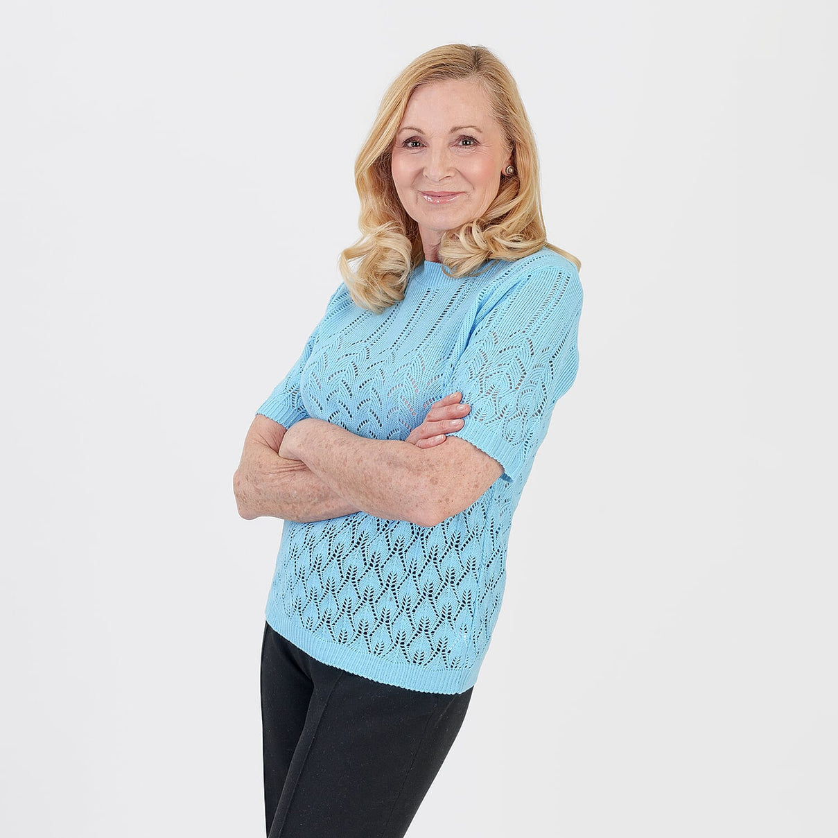 Pure And Natural Made In Uk Eyelet Knit Crew Neck Jumper (Size L/XL, 16 to 22) - Sky Blue 8547985 2