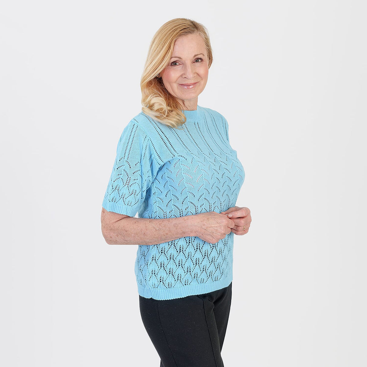 Pure And Natural Made In Uk Eyelet Knit Crew Neck Jumper (Size L/XL, 16 to 22) - Sky Blue 8547985 3
