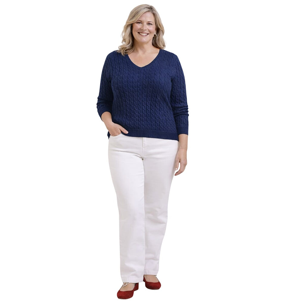 Pure And Natural V-Neck Cable Jumper (Size L, Fit 16 to 18) - Blue
