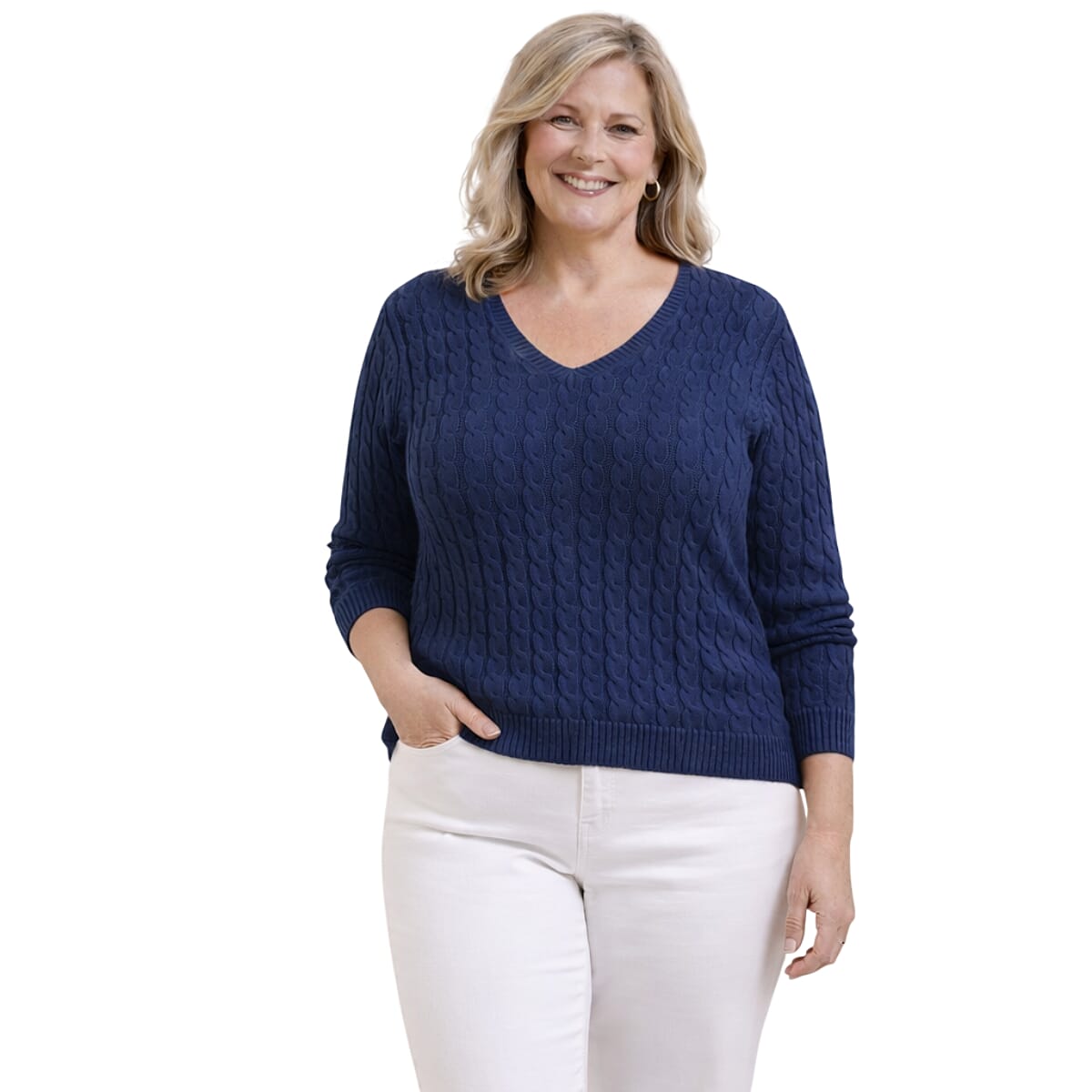 Pure And Natural V-Neck Cable Jumper (Size L, Fit 16 to 18) - Blue V32516751 1