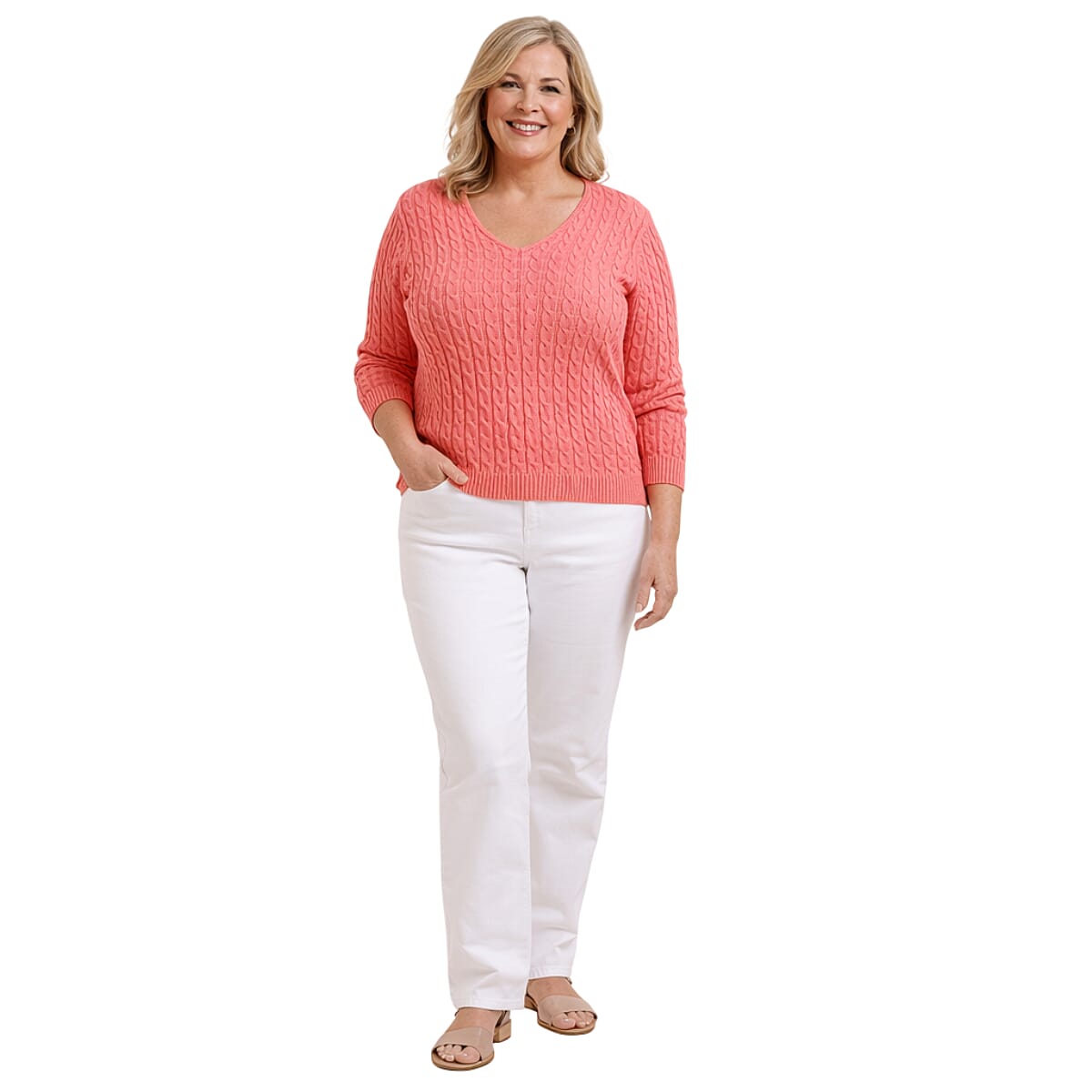 Pure And Natural V-Neck Cable Jumper (Size 16 to 18) - Sweet Coral 8480530 0