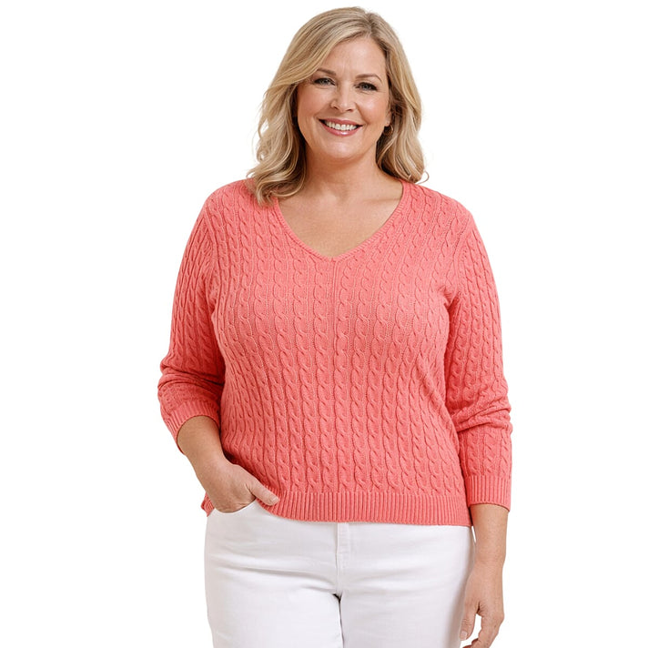 Pure And Natural V-Neck Cable Jumper (Size 16 to 18) - Sweet Coral 8480530 2