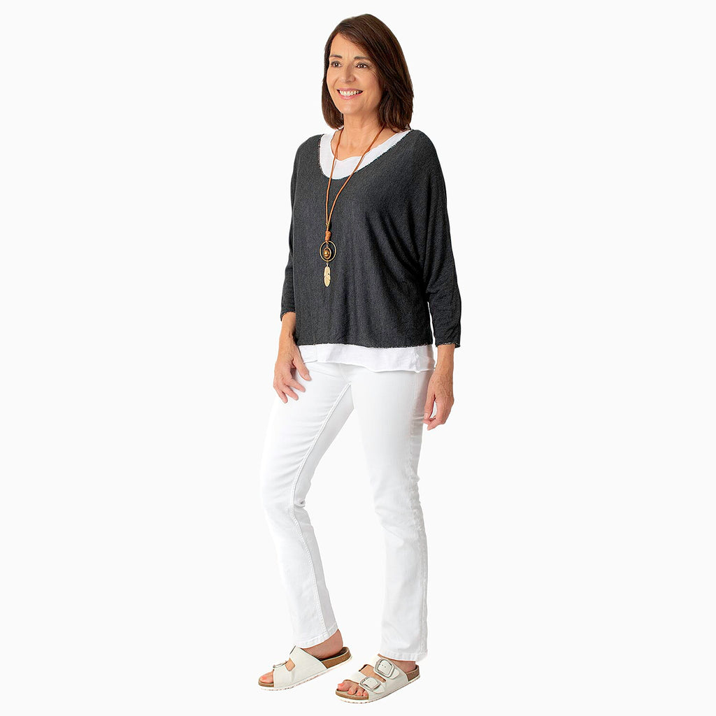 Nova of London Double Layer Cotton Top with Detachable Necklace (One Size) - Charcoal