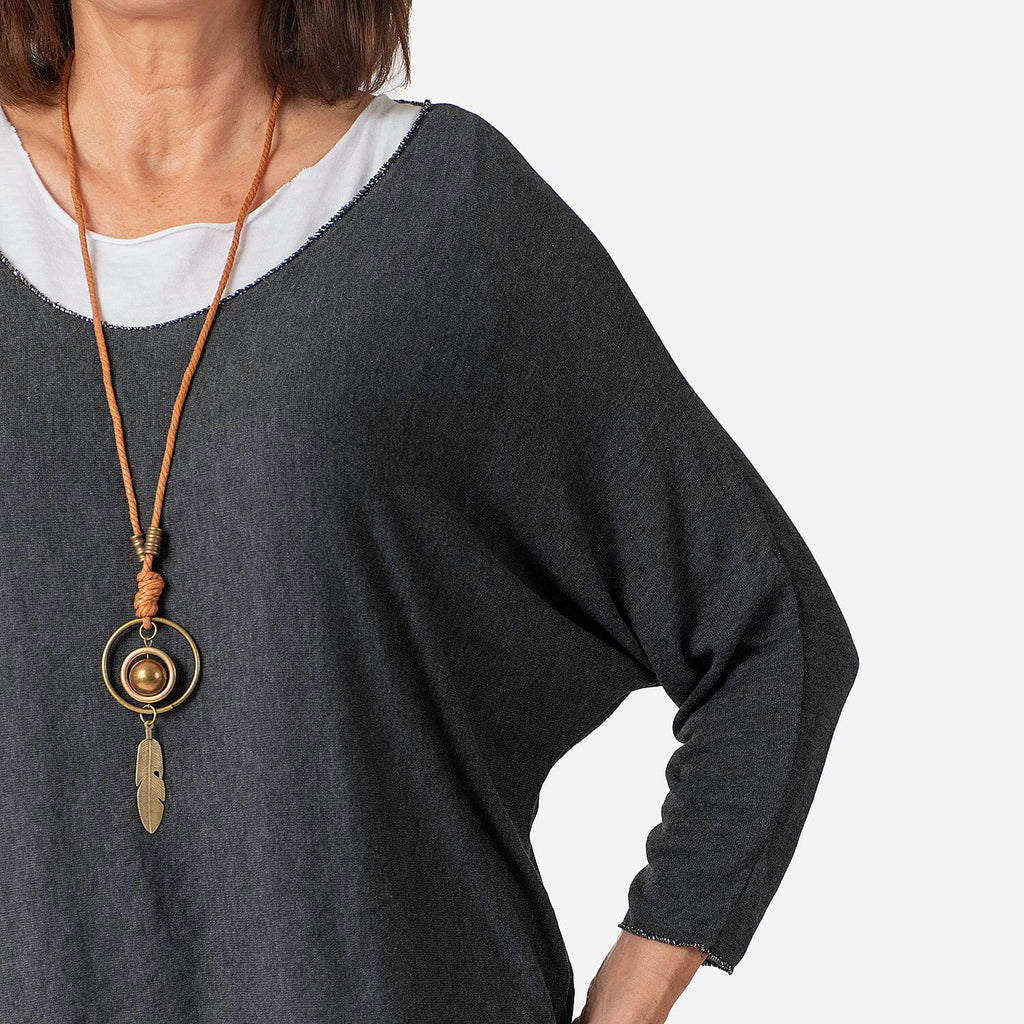 Nova of London Double Layer Cotton Top with Detachable Necklace (One Size) - Charcoal