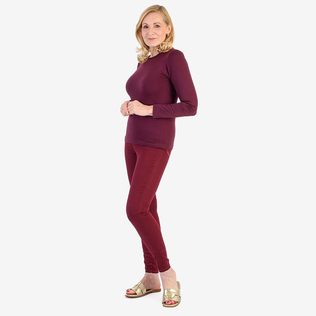 Pure & Natural Round Neck Fleece Lined Top (Size L) - Burgundy