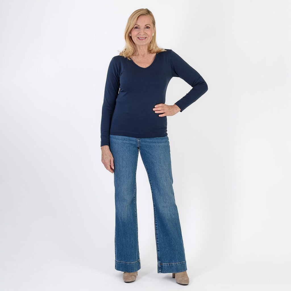 Pure & Natural V-Neck Fleece Lined Top (Size S) - Navy
