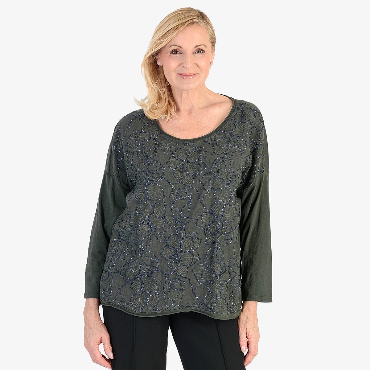 Pure and Natural 50% Cotton Blend Embroidered Blouse (Made in italy, Size Upto 16) - Green V32522053 0