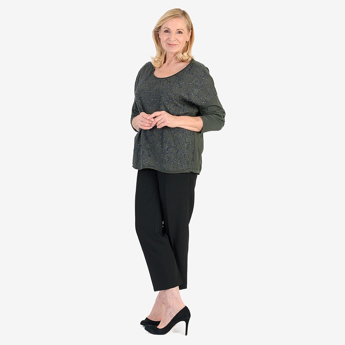 Pure and Natural 50% Cotton Blend Embroidered Blouse (Made in italy, Size Upto 16) - Green V32522053 2