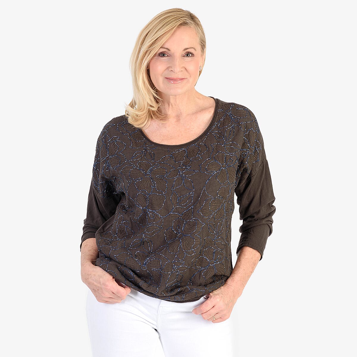Pure and Natural 50% Cotton Blend Embroidered Blouse (Made in italy, Size Upto 16) - Brown V32516686 0