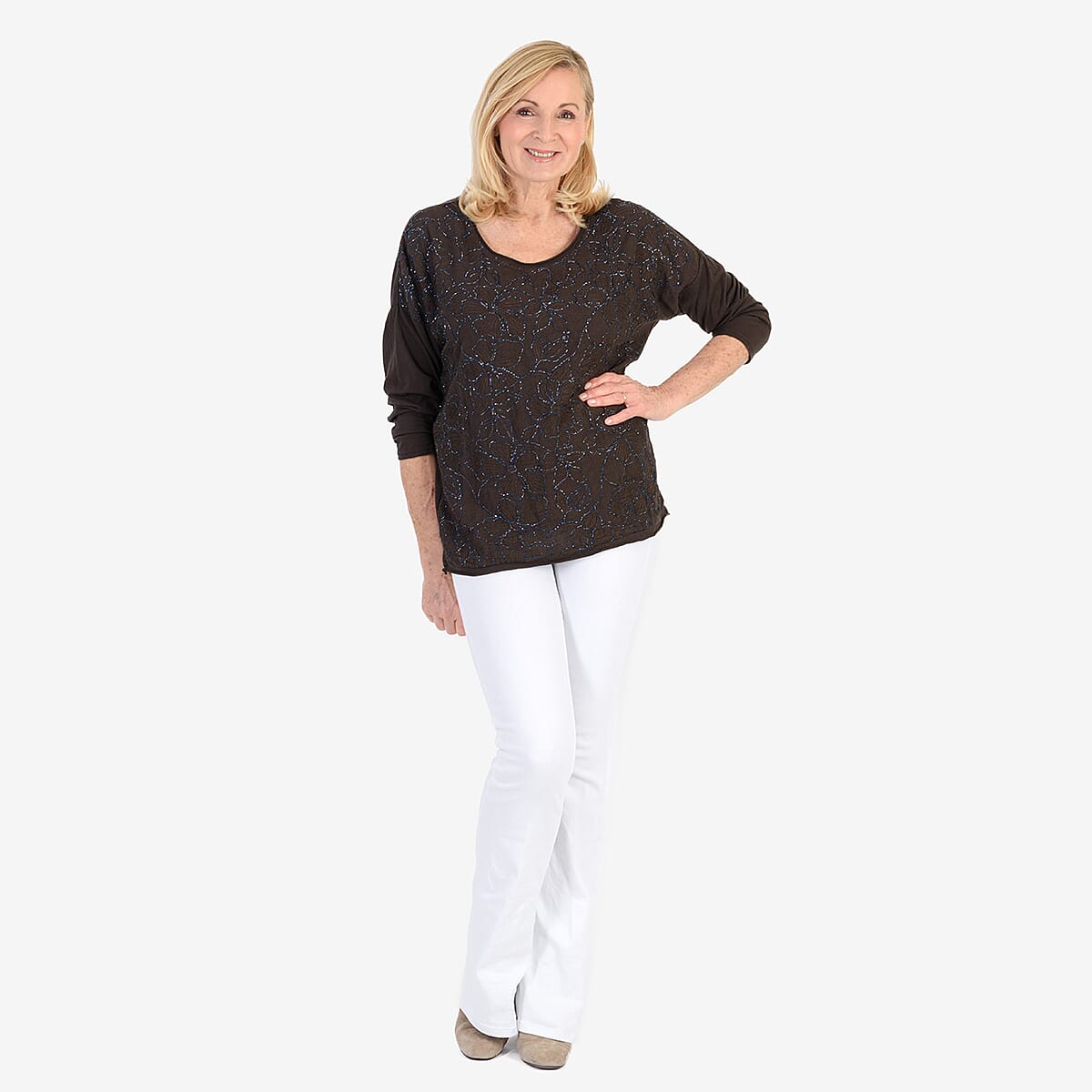 Pure and Natural 50% Cotton Blend Embroidered Blouse (Made in italy, Size Upto 16) - Brown V32516686 1