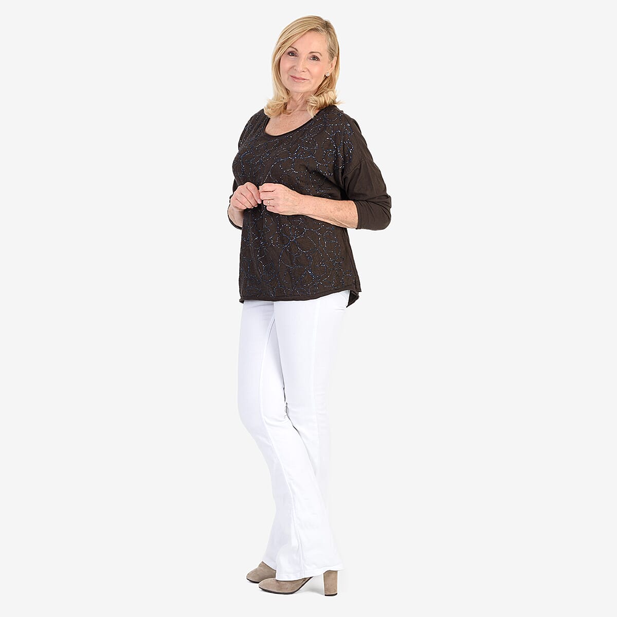 Pure and Natural 50% Cotton Blend Embroidered Blouse (Made in italy, Size Upto 16) - Brown V32516686 2