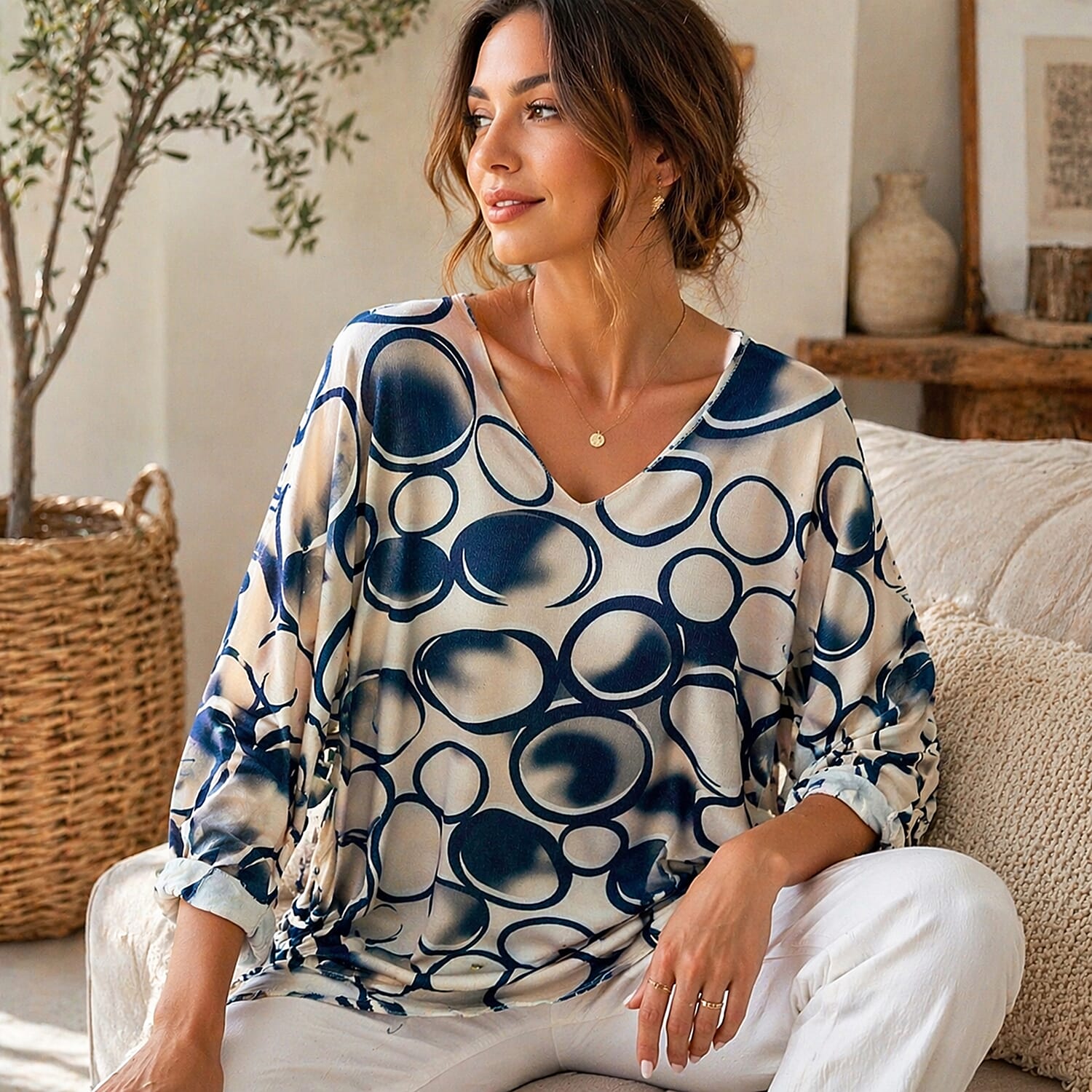 Pure and Natural V-Neck Light Knit Top (One Size - Upto 18) - Navy 8487239 1