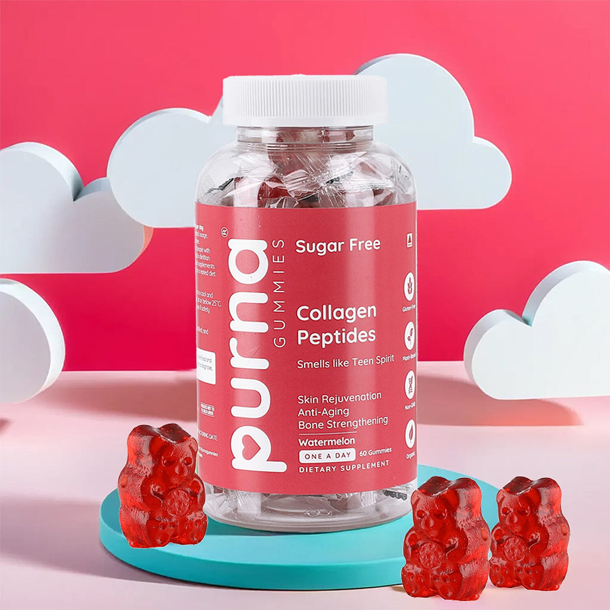 Purna Gummies - Big Pack - Collagen Peptides Sugar Free Watermelon Flavour - 60 Gummies 7732739 2