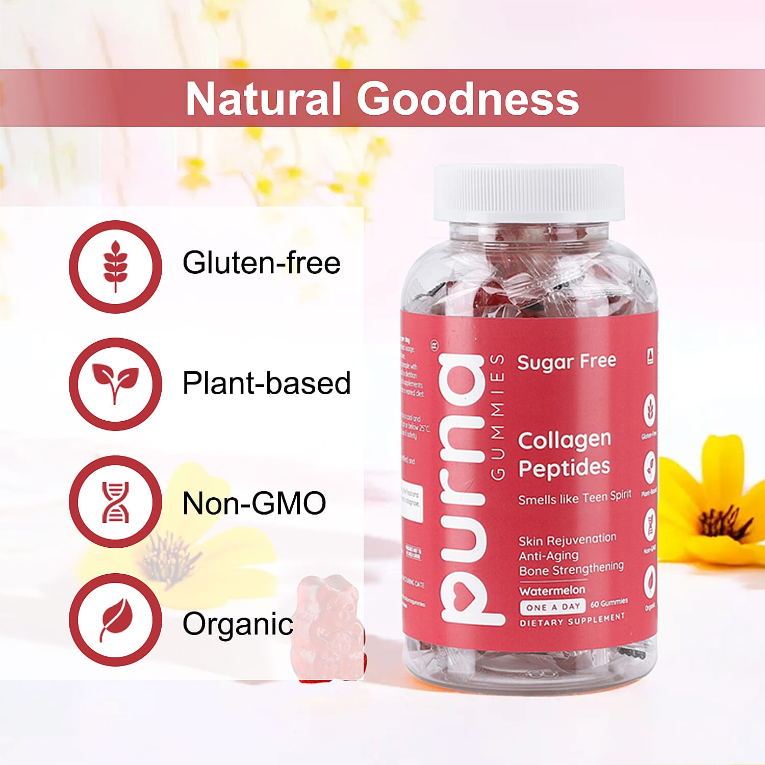 Purna Gummies - Big Pack - Collagen Peptides Sugar Free Watermelon Flavour - 60 Gummies 7732739 3